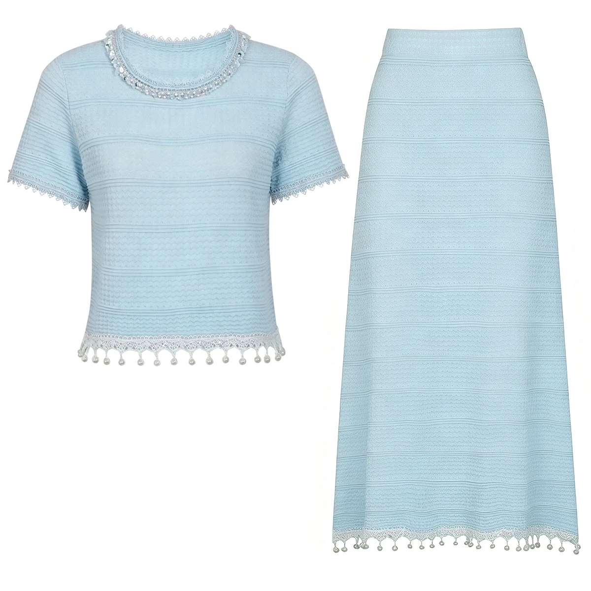 Elegant Socialite Style Lace Tassel Bead Knitted Round Neck Short Sleeved Mid Length Skirt Women's 2026 Summer New Commuting Set