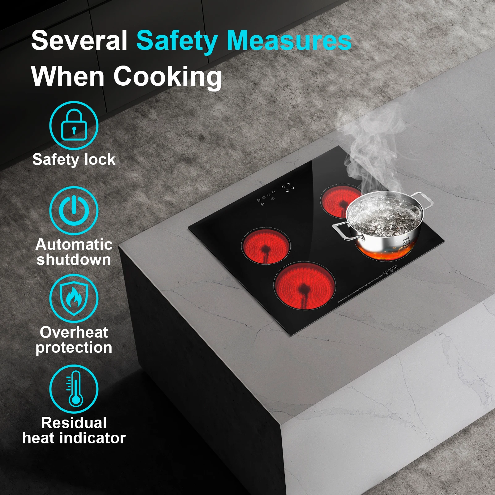 موقد الطبخ العلوي الكهربائي، طبق تسخين كهربائي 4 شعلات، التحكم باللمس 220-240 فولت موقد المطبخ لأواني الطبخ ذات درجة الحرارة العالية