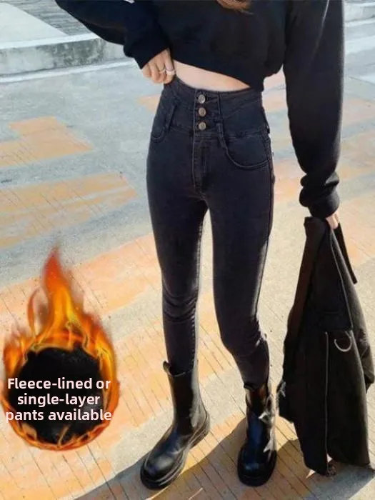 

Thiened Fce Джинсовые брюки с высокой талией Женские осенне-зимние новые теплые облегающие эластичные брюки-карандаш с ультра высокой талией