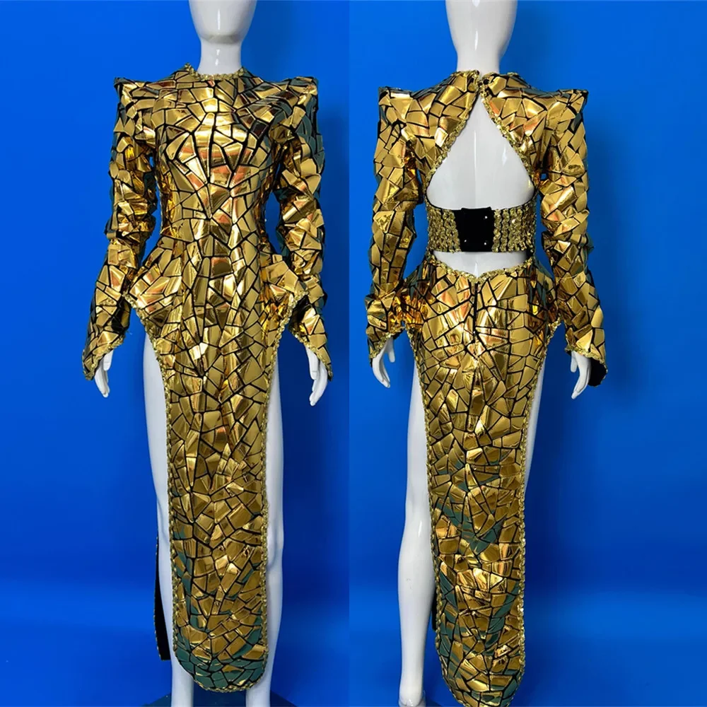 

Gold Laser Mirror High Slit Long Dress Women Sexy Nightclub Bar Performance Dance Costume Stage Party Drag Queen Costume