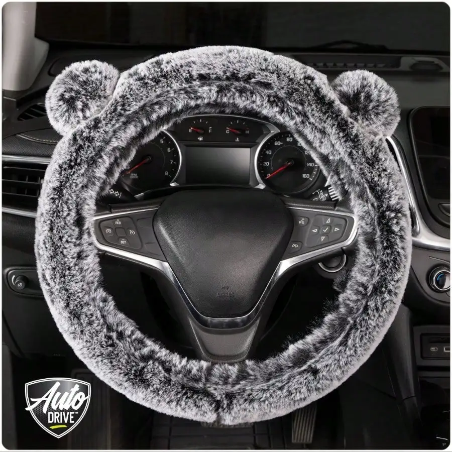 غطاء عجلة القيادة ذو آذان بوم رقيق باللون الرمادي، مصنوع من مادة ناعمة من القطيفة