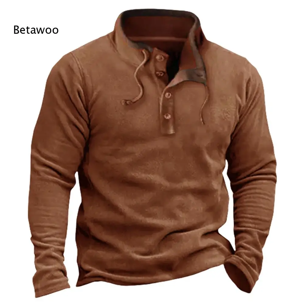 Casual Henley Pullover For Men Stand Collar Button Placket Drawstring Neck Long Sleeve For Commute Outdoor Use