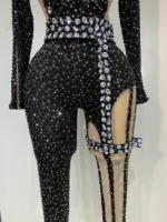 Sexy Sparkly Diamond Black Long Sleeves Bodycon Mesh Jumpsuit Evening Party Nightclub Bar Singer Performance Stage Costume 6