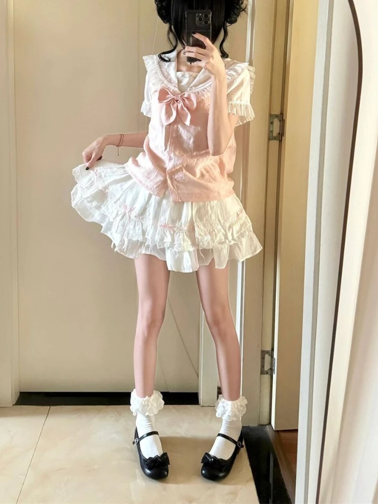 

Japanese Sweet Preppy Style Elegant Women 2 Piece Set Y2k Chic Bow Design Tops + High Waist Chic Skirt Female Pink Retro Outfits