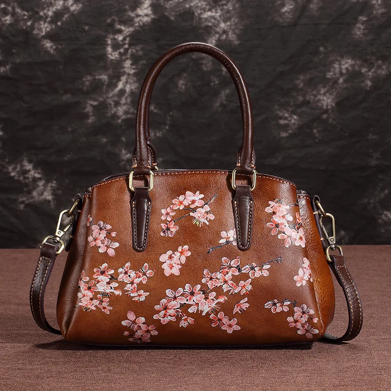 Vintage Genuine Leather Handbag Woman Floral Cow Leather Tote Bag Chinese Style Plum blossom Ladies Shoulder Bags