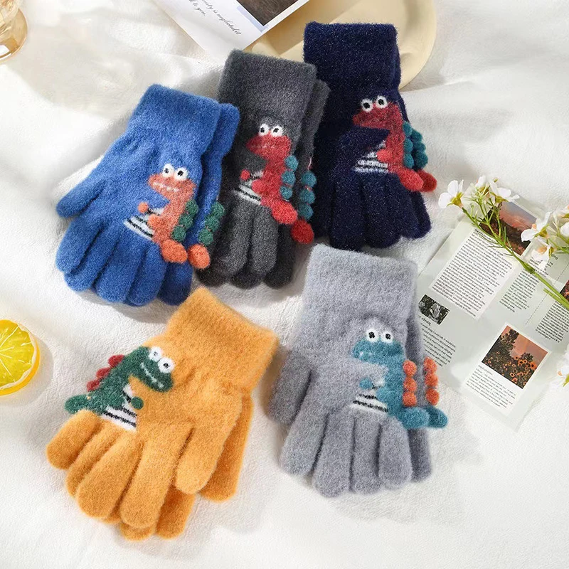 

1Pair Cute Children Thick Knitted Gloves Cartoon Dinosaur Warm Children Autumn Winter Gloves Full Finger Five-finger Gloves