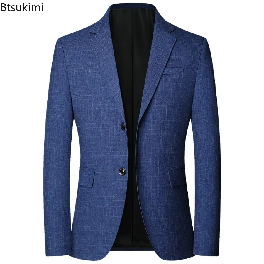 2024 Men's Formal Business Office Blazer Jacket Suits Plaid Middle Age Gentlemen's Wedding Evening Party Blazer Luxo Masculino