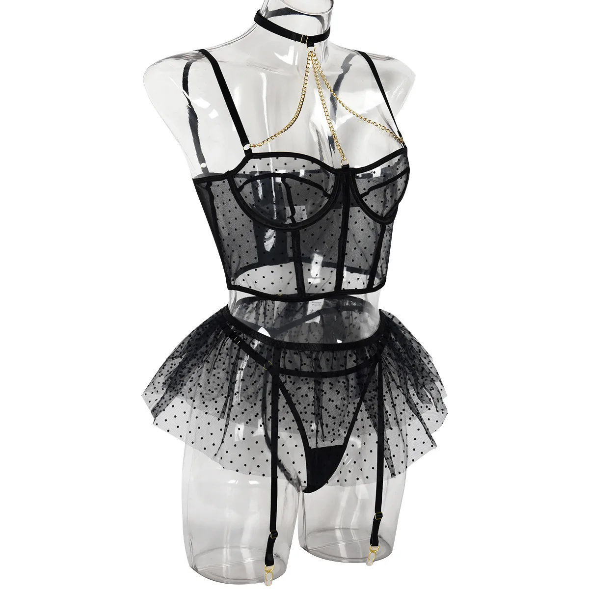 Polka Dot Sexy Underwear Three-piece Set Close-fitting Sexy Chain With Steel Ring Perspective Women's Underwear