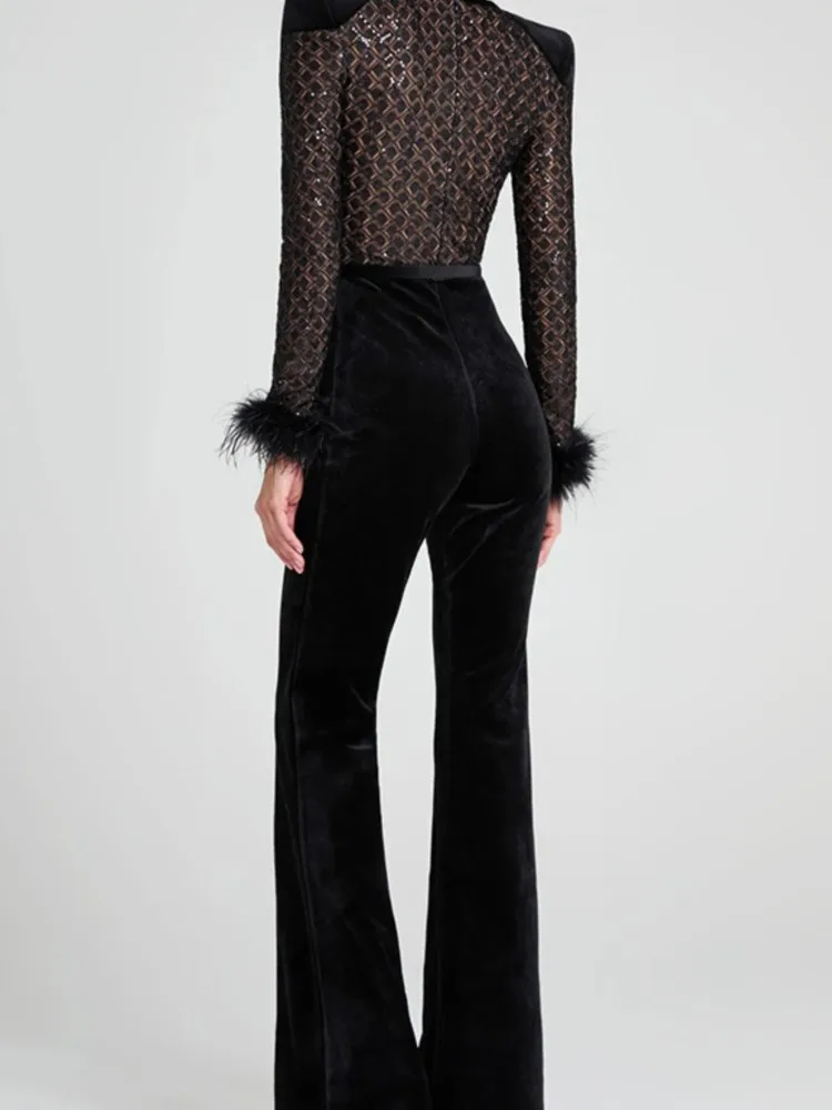 New Sequined Black Feathers Round Neck Gold Velvet Stitching Long-Sleeved Jumpsuit Casual Women\'s Sexy Long Sleeve Jumpsuit