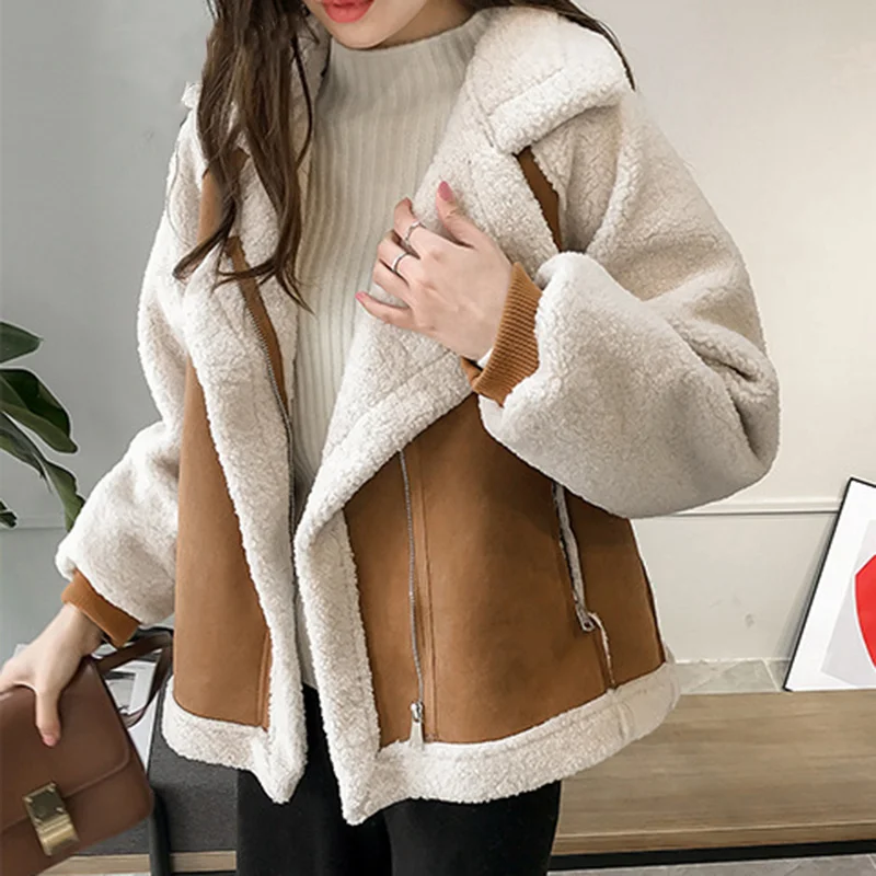 Jaqueta solta de manga comprida feminina, casacos de inverno, casacos, lapela, zíper, bolsos, tops, moda coreana, streetwear de Parkas quentes, novo, 2023