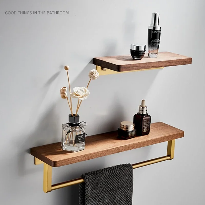 

Walnut Wood Storage Shelf Bathroom Wooden Organiser Wall-Mounted Mirror Shelf Straight Gold-Finish Shelving Unit