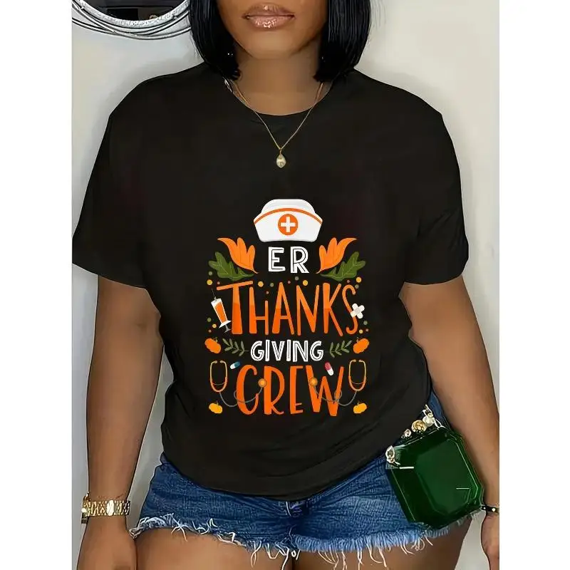 

Women ER Thanksgiving Crew T-Shirt Medical Nurse Graphic Tee Healthcare Hero Slogan Fall Holiday Worker Gift Top