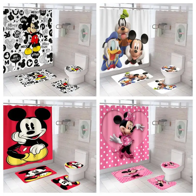 MINISO Mickey Minnie Shower Curtain Three Piece Set Disney Bathroom Printing Water Proof Shower Curtain Carpet U-Shaped Pad