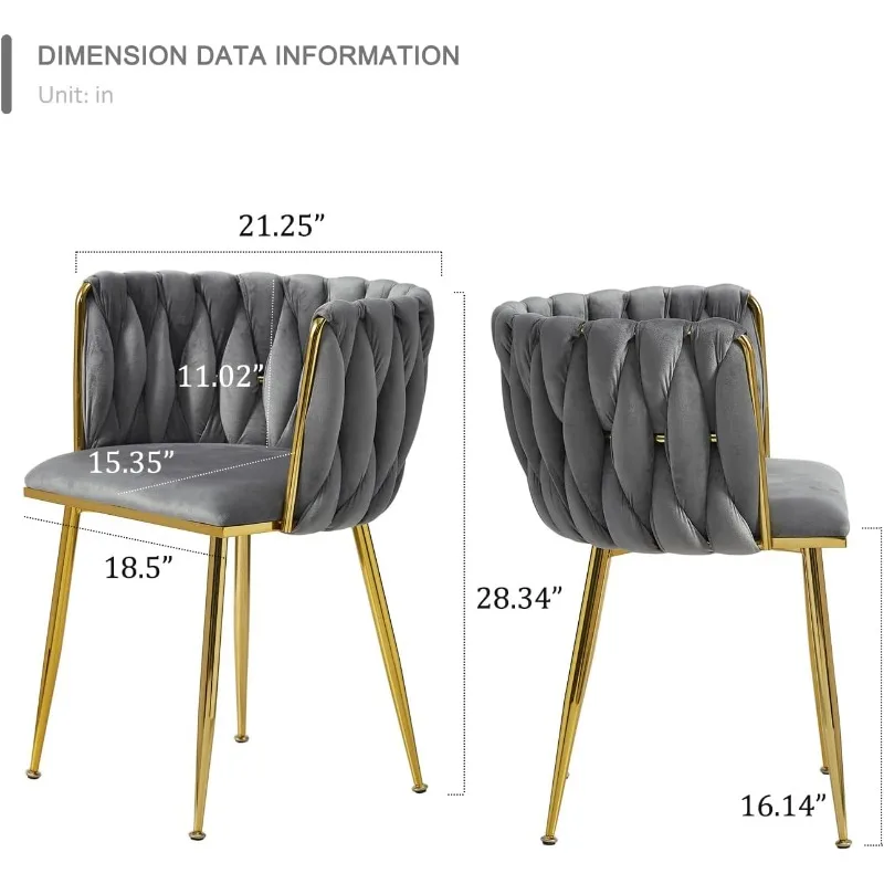 Velvet Dining Chairs Set of 4, Modern Upholstered Dining Room Chairs with Golden Metal Legs and Woven Backrest for Dining Room,