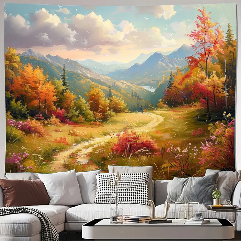 Premium Autumn Landscape Tapestry Wall Hanging Mural Art Print for Living Room Home Decor Rustic Nature Mountain Scenic Woodland
