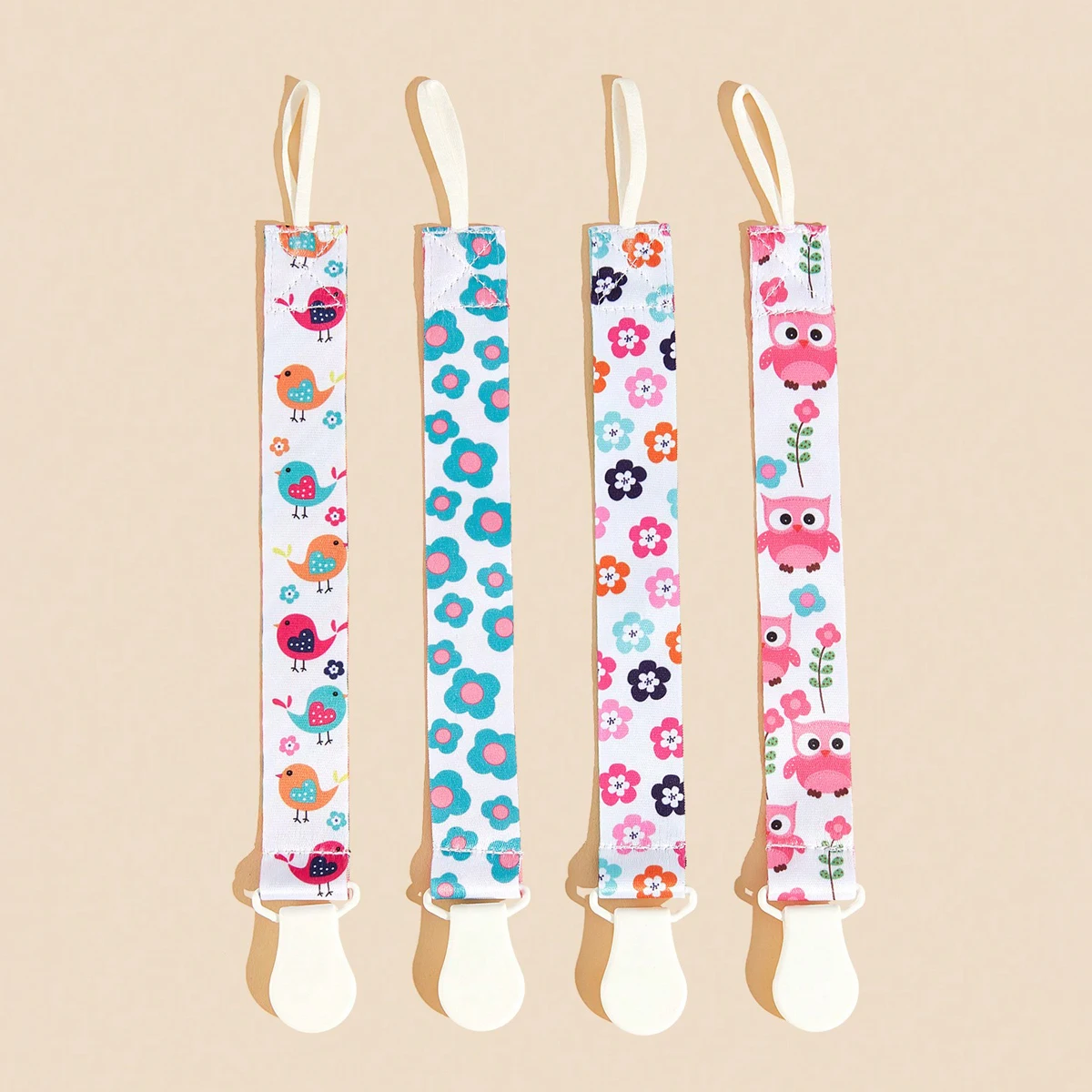4Pcs/Pack Pacifier Holders with Elastic Band, Baby Pacifier Chain Clips, Universal Holder Soother Clips with Plastic Clasp
