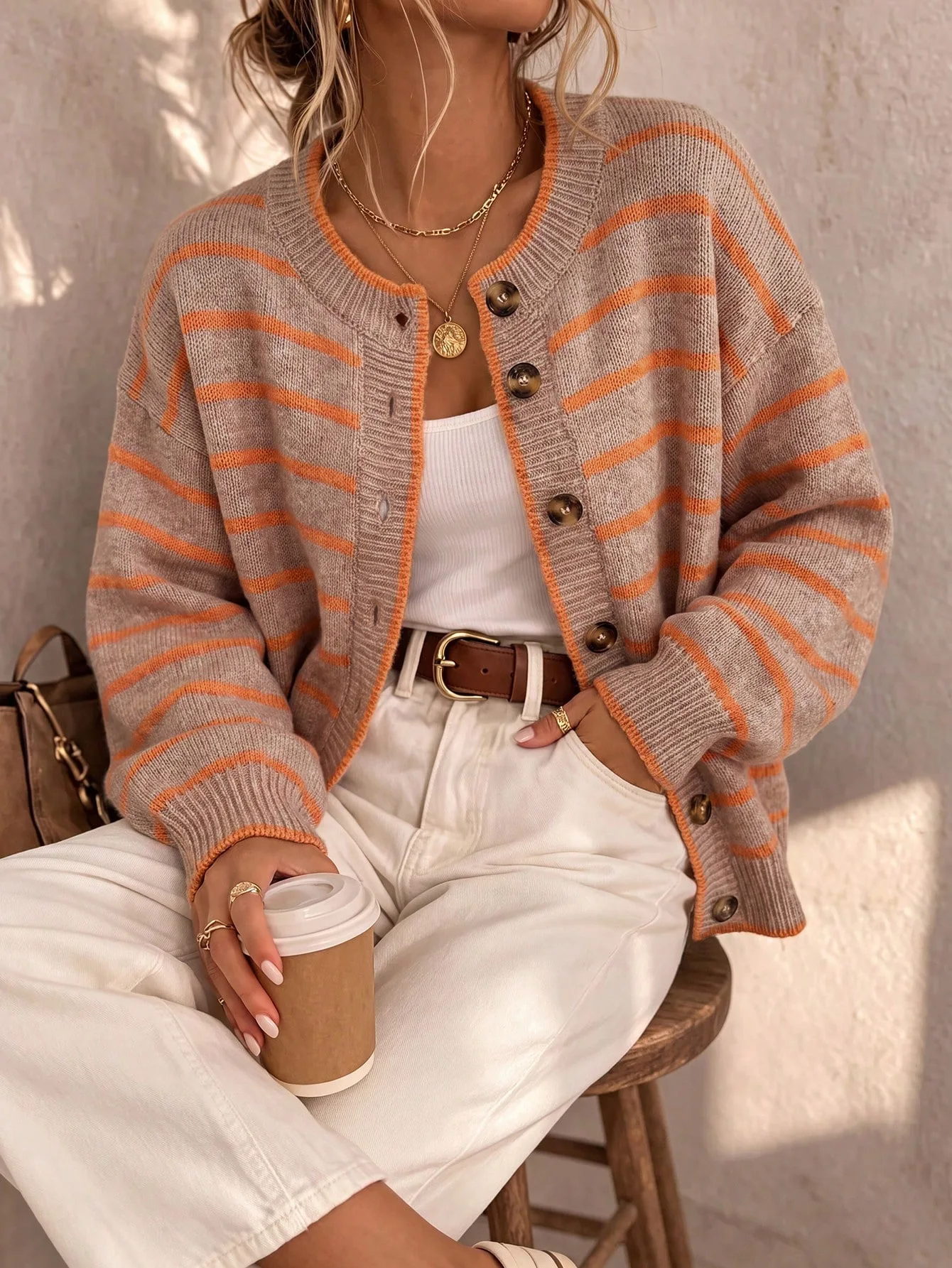 Women's European American Style Striped Knit Cardigan, Loose Casual Sweater Coat for Women 2