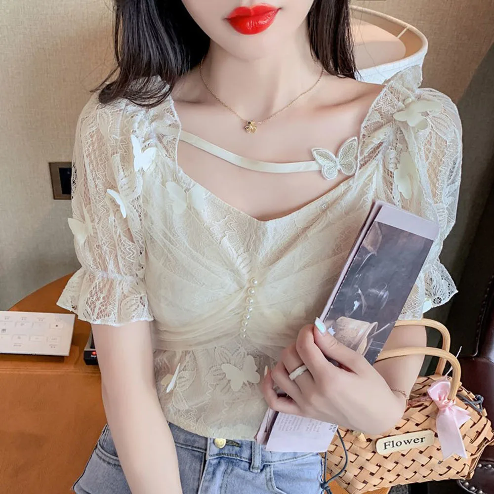 2022 Summer Puff Sleeve Off Shoulder Shirts Mesh Lace Bow Tops Sexy Sheer Buttoned Blouse For Women Blusa Mujer Blouses Ladies