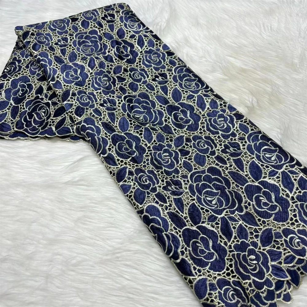 アフリカコードレース生地オレンジレースギピュール生地高品質レース 2025 女性のためのドレスブルー 5 ヤード