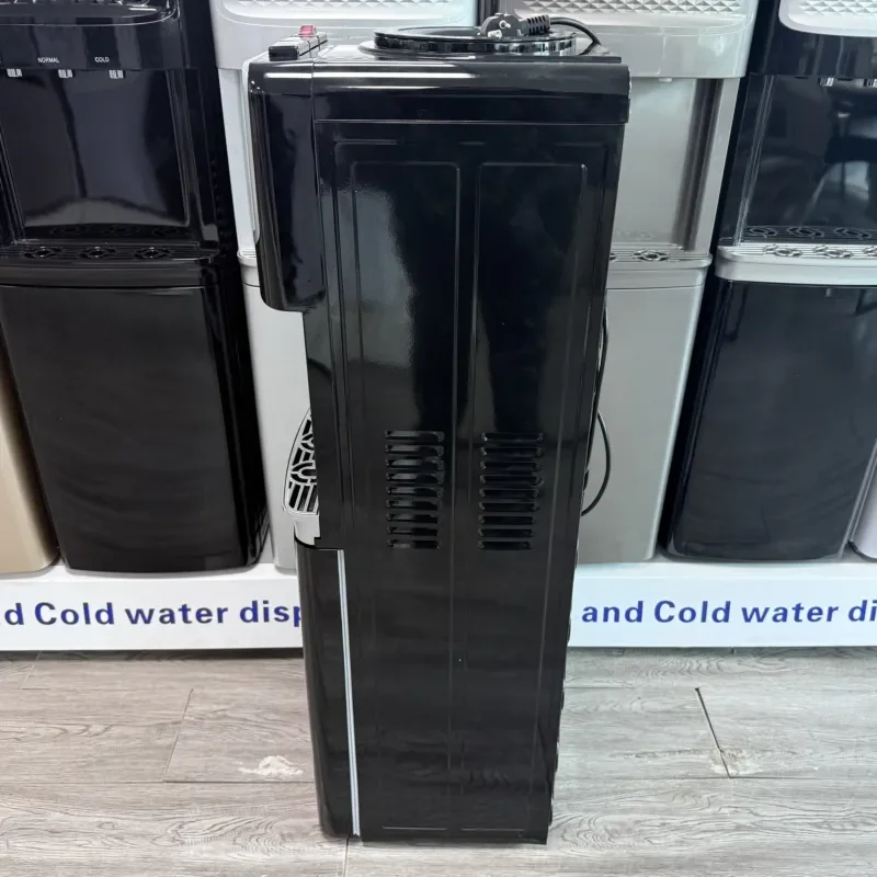 Designer panel top water dispenser, three faucets, hot and cold warm water, with locker
