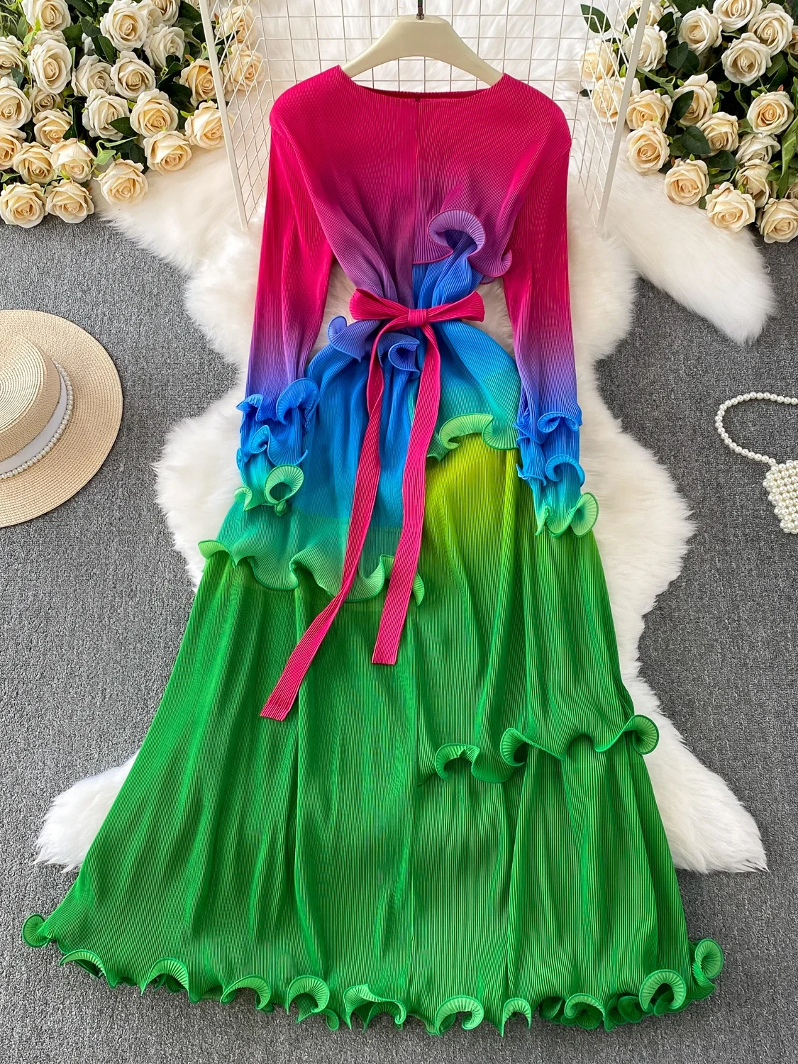 E Vestido Largo de Noche para Mujer, Vestido de Cintura Alta con Corte en A, Cuello Redondo, Color Deadado, con Deco...