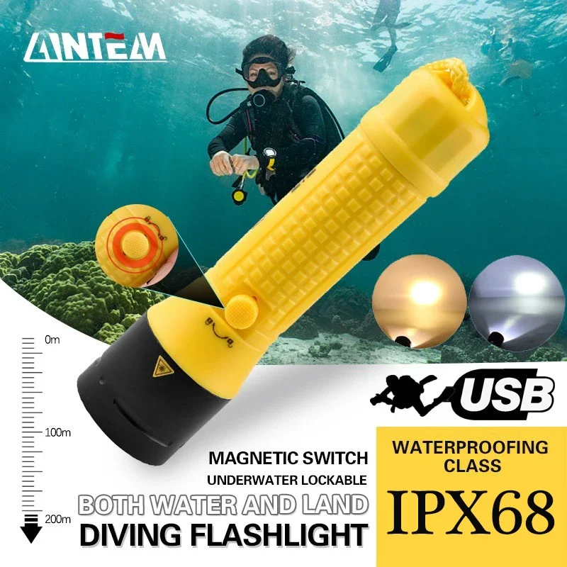 

Professional Scuba Diving Flashlight IPX68 Waterproof Underwater 100m Dive Lamp Built-in 6000mAh Battery Rechargeable Dive Light