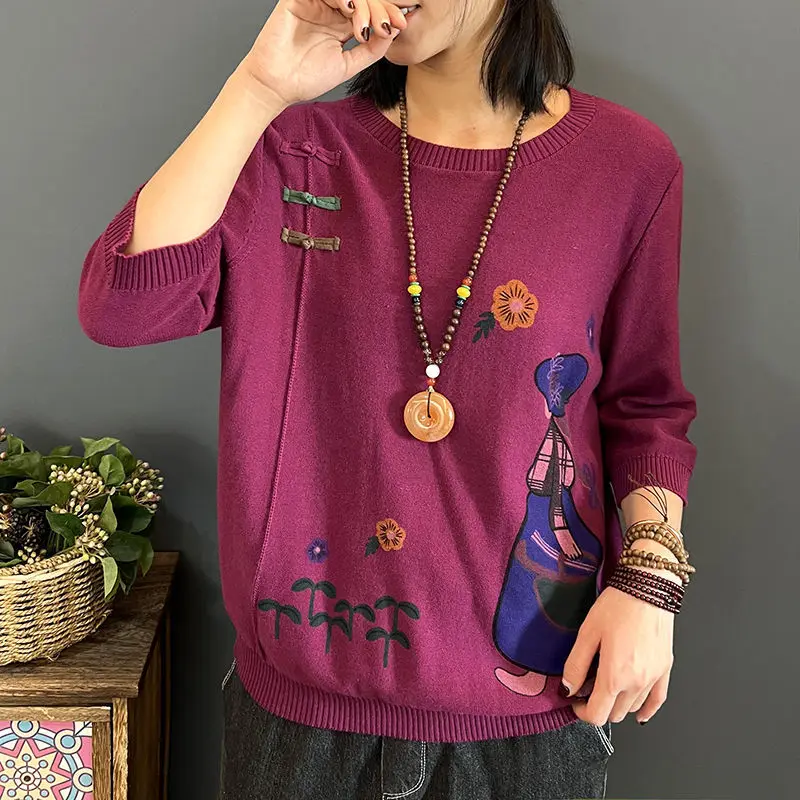 Artistic Retro Mid Sleeve Casual Knitted Sweater for Women in Spring and Autumn Style Ethnic Style Oversized Loose Base Shirt