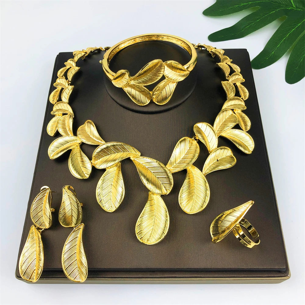 

Luxury African Flowers Jewelry Set High Quality Gold Plated Necklace Bracelet Stud Earring Ring For Women Wedding Jewellry Gifts