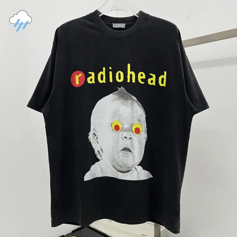 

2024SS Hip Hop Oversized Vintage Washed Black T Shirt Tee Men Women Heavy Fabric Cotton Child Avatar Print T-Shirt Tee