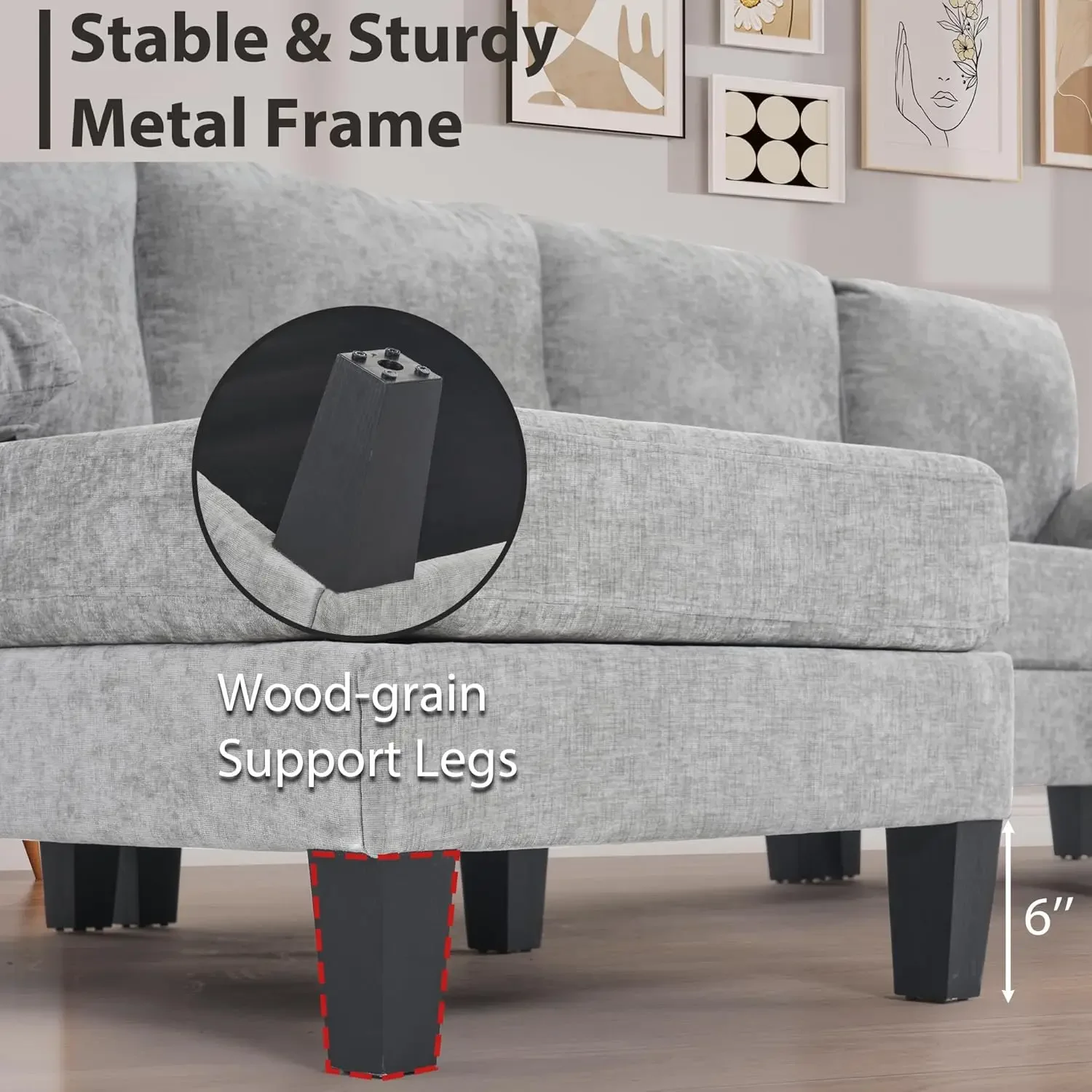 أرائك مقطعية لغرفة المعيشة، أريكة وحدات على شكل حرف U مع وسادة وقماش شانيل، مجموعات أثاث مريحة بأربعة مقاعد #6