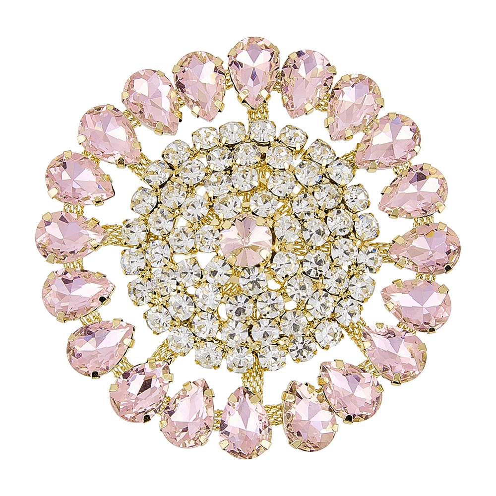 Round Rhinestone Applique 3.23inch in Diameter Pink Retro Applique with Light Gold Brass Base Sew On Floral Rhinestone Patch