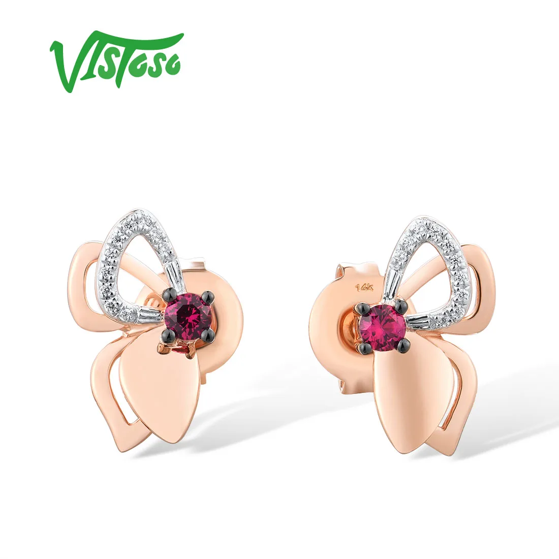 

VISTOSO Genuine 14K 585 Rose Gold Stud Earrings For Women Natural Ruby Diamond Butterfly Chic Anniversary Wedding Fine Jewelry