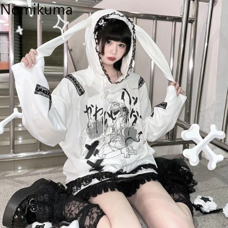 Japanese Streetwear Hoodie Women's Clothes Rabbit Ear Hooded Chic Sweatshirt Jacket Y2k Tops Patchwork Lace Anime Cute Hoodies