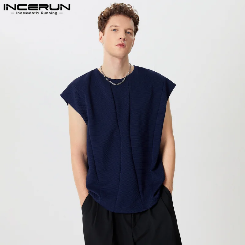 INCERUN Tops 2025 Korean Style Fashion Men's O-neck Texture T-shirts Leisure Streetwear Striped Patchwork Sleeveless Tees S-5XL