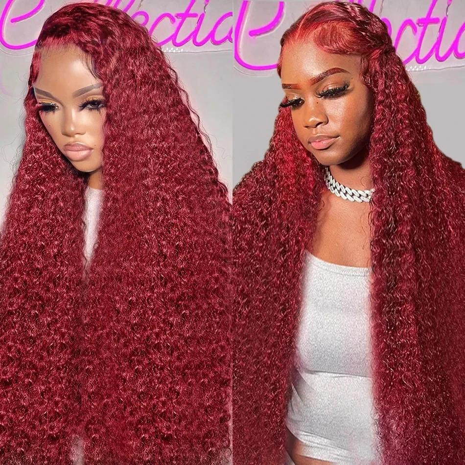 40Inch 99J Burgundy Water Curly 13x4 Glueless Lace Frontal Wig 250% Deep Wave HD Transparent Lace Front Wig Human Hair For Women