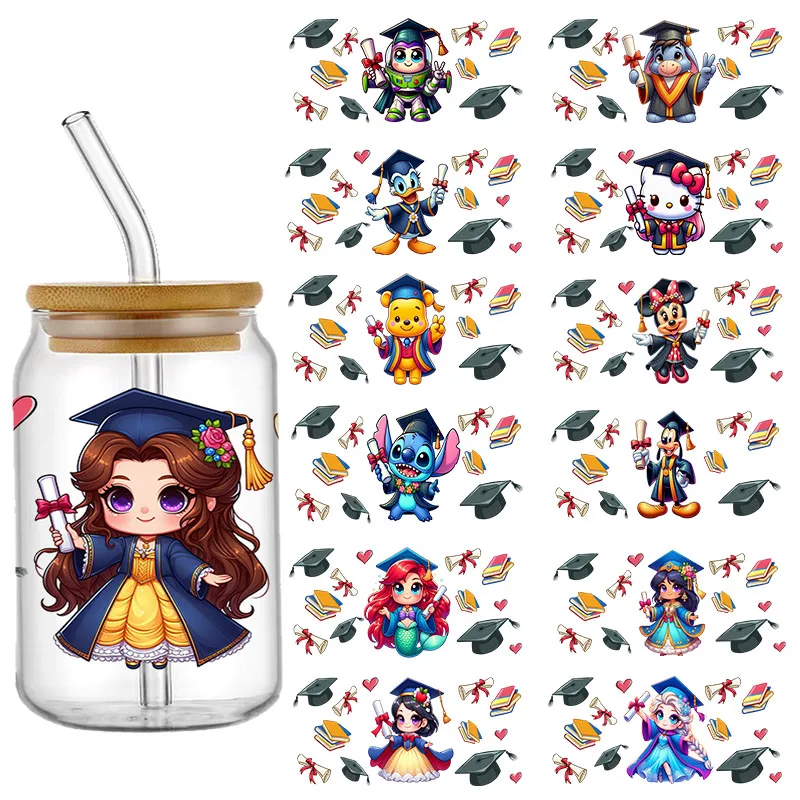 Disney Graduation Princess Stitch 16OZ UV DTF Cup Wrap Transfers Stickers Custom Labels DIY Waterproof Logo For Libbey Glass Can