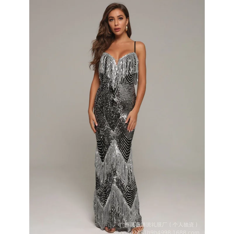 Nieuwe aankomst damesmode spaghetti jurk zilver kwastje pailletten sexy bodycon runway podium avondjurk