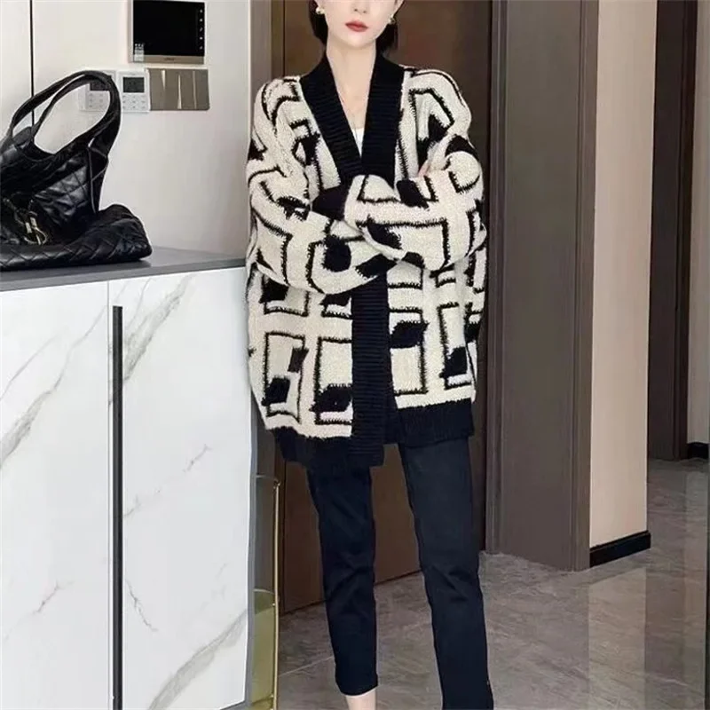 

Fashion vintage temperament loose contrast color knitted cardigan winter women lazy casual plaid sweater woman