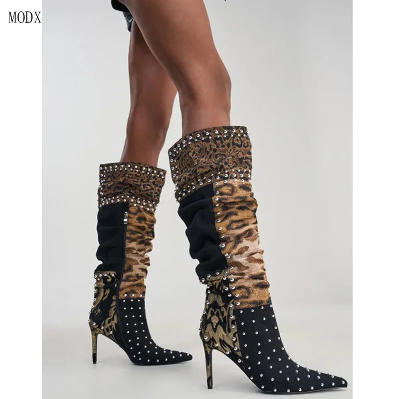 2026 Leather Leopard Knee High Boots Women Patchwork Pointed Toe Rivet High Heels Boots Female Fashion Festival Boots 44