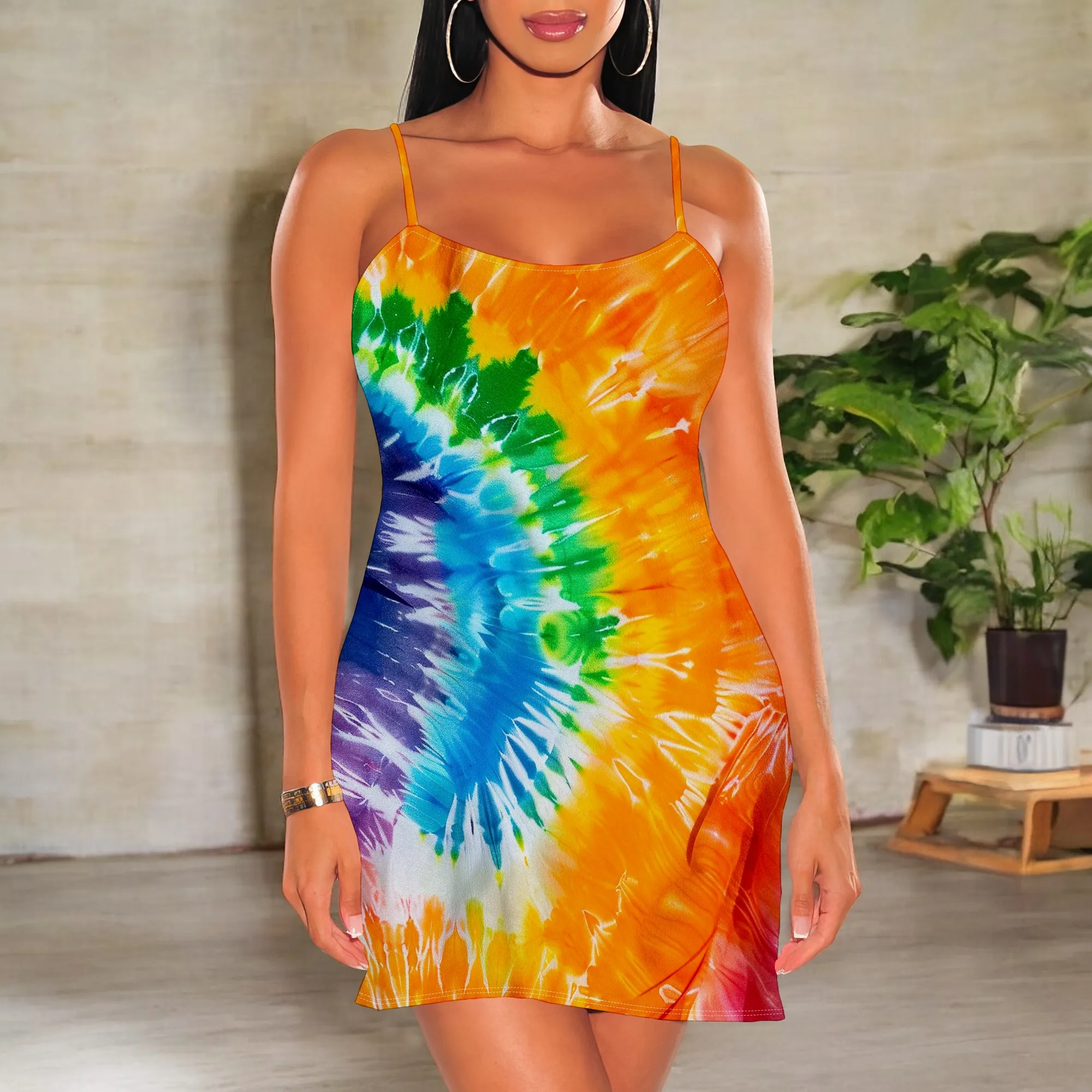 

Women's Tie Dye Mini Dress Boho V-Neck Spaghetti Strap Sleeveless Dress for Summer Holiday Beach Wear S-3XL