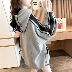 Long Grey Hoodies Loose Hooded Sweatshirt for Women Spring and Autumn Woman Tops Baggy Splicing M Korean Popular Clothes Casual