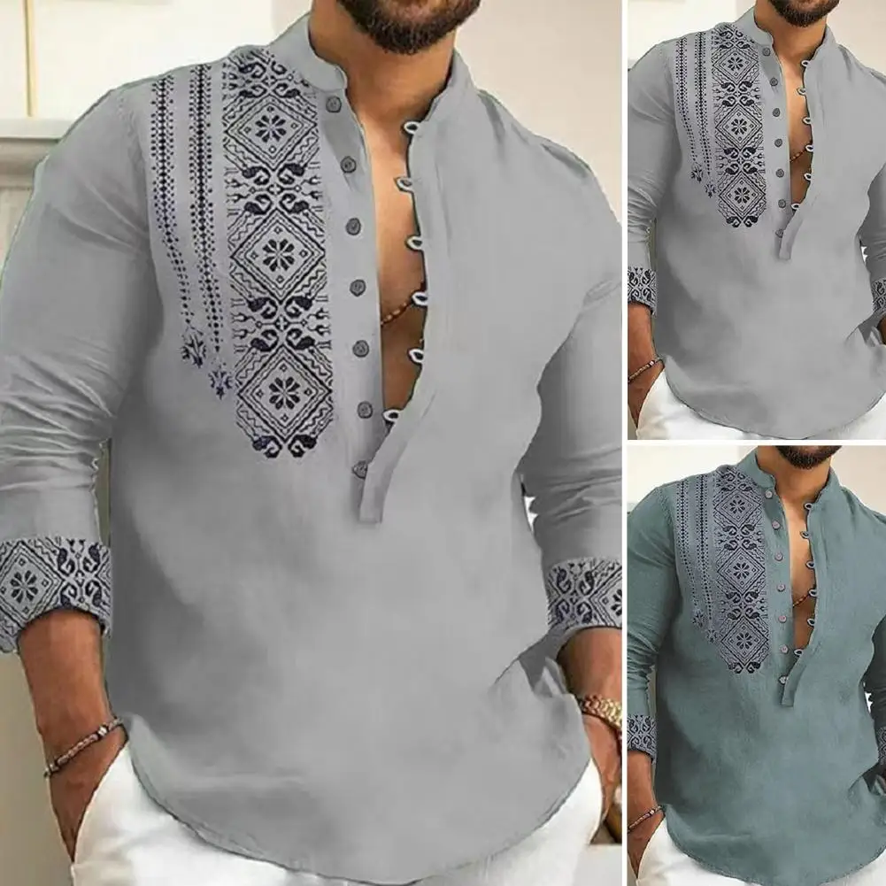 

Men Spring Fall Shirt Stand Collar Vintage Ethnic Style Top Long Sleeve Pullover Slim Fit Print Mid Length Men Casual T-shirt