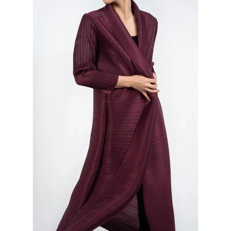 GGHK Pleated Women Luxury Trench Solid Color Lapel Long Sleeve Cardigan Vintage Design Loose Large Size Arabian Female Abaya
