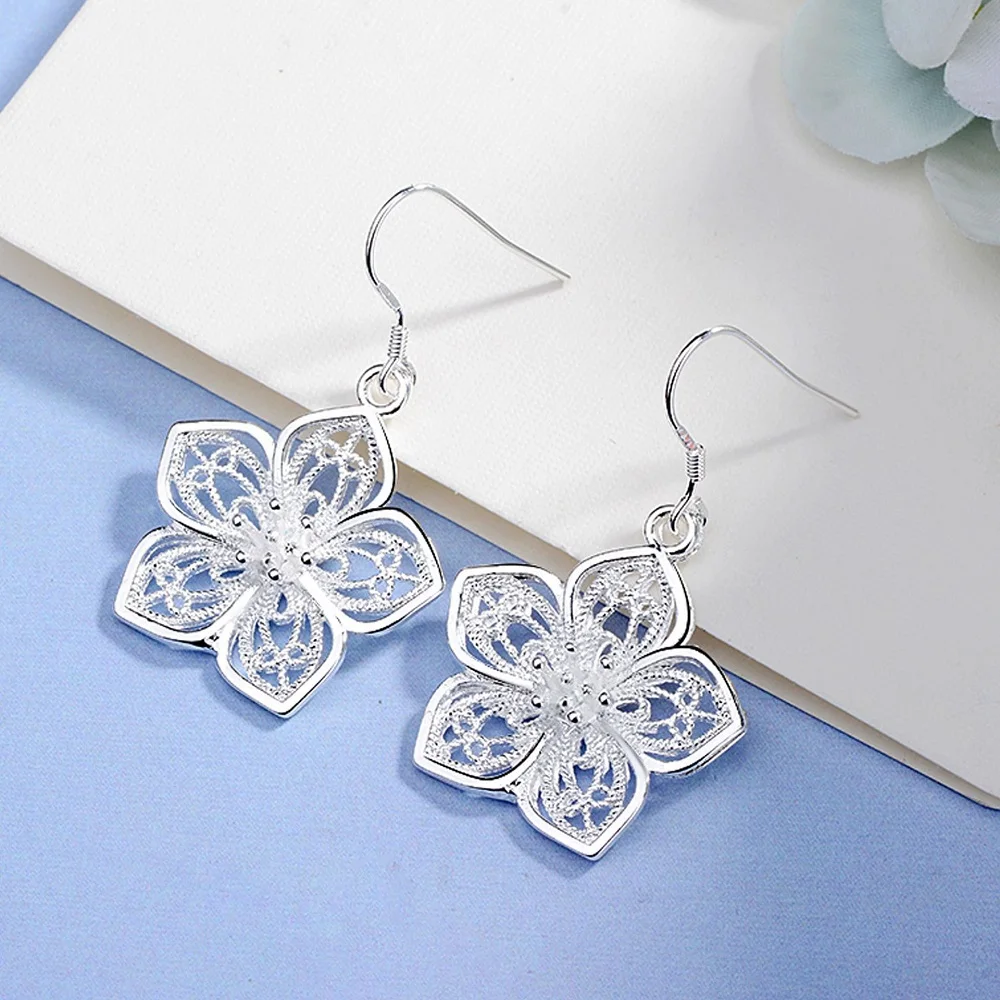 

Hot High Quality Retro Pretty Flowers Silver color Earrings for women Fashion luxury party wedding Jewelry fine gifts
