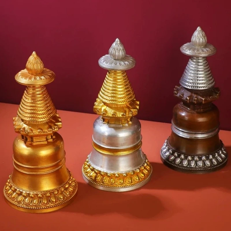 Nepal Copper Tibetan Bodhi Pagoda Engraved Buddha Statue Gilding Tantric Tower Religious Stupa Altars Desktop Decorative,16 cm