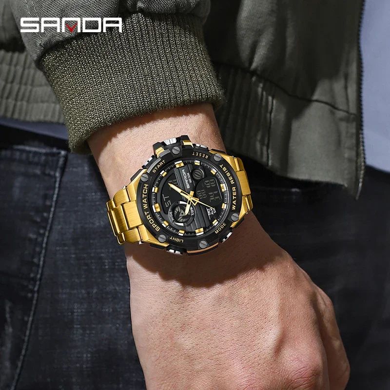 ساعة Sanda-Men متعددة الوظائف إلكترونية بسوار فولاذية ، منبه مقاوم للماء ، موضة جديدة ،
