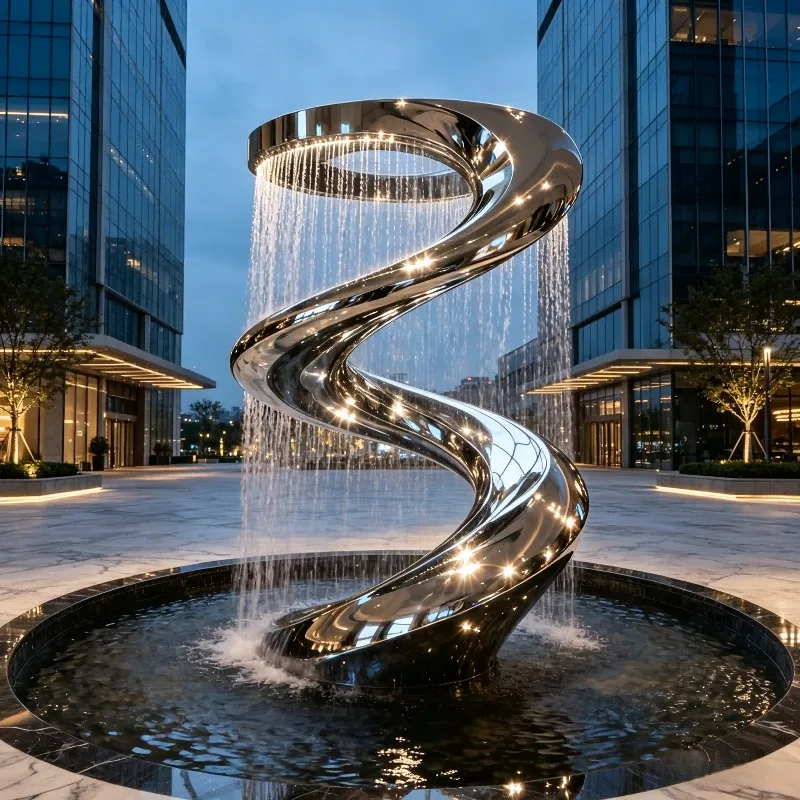 Spiral Ribbon Cable Water Curtain Stainless Steel Sculpture Custom Polished Abstract Water Feature Hotel Lobby Garden Landscape