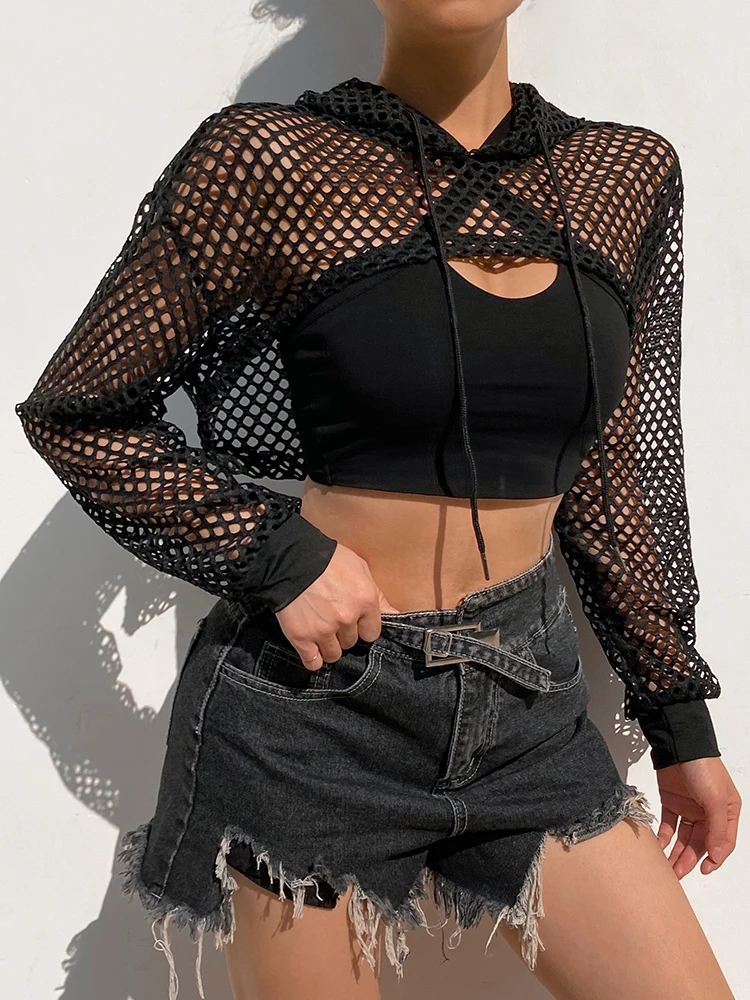 HEYounGIRL Summer Mesh Sexy T Shirt Women Hollow Out Smocked Crop Tops Long Sleeve Hoodies Tees Shirt Fishnet T-shirt Ladies