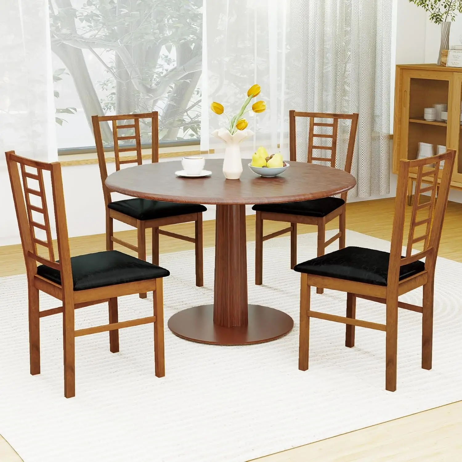 Wooden Dining Chairs Set of 2, Armless Kitchen Chairs w/Hollowed Backrest, Upholstered PU Seat, Rubber Wood Frame, Modern Dinette Furniture Set for Dining Room, Living Room, Cafe(Walnut+Black) view 8