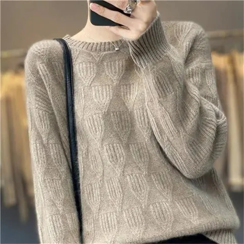 Ladies O-Neck Solid Color Knit Wool Sweater Women Fashion Thickening Pullover Knitted Autumn Winter Female Long Sleeves Sweater